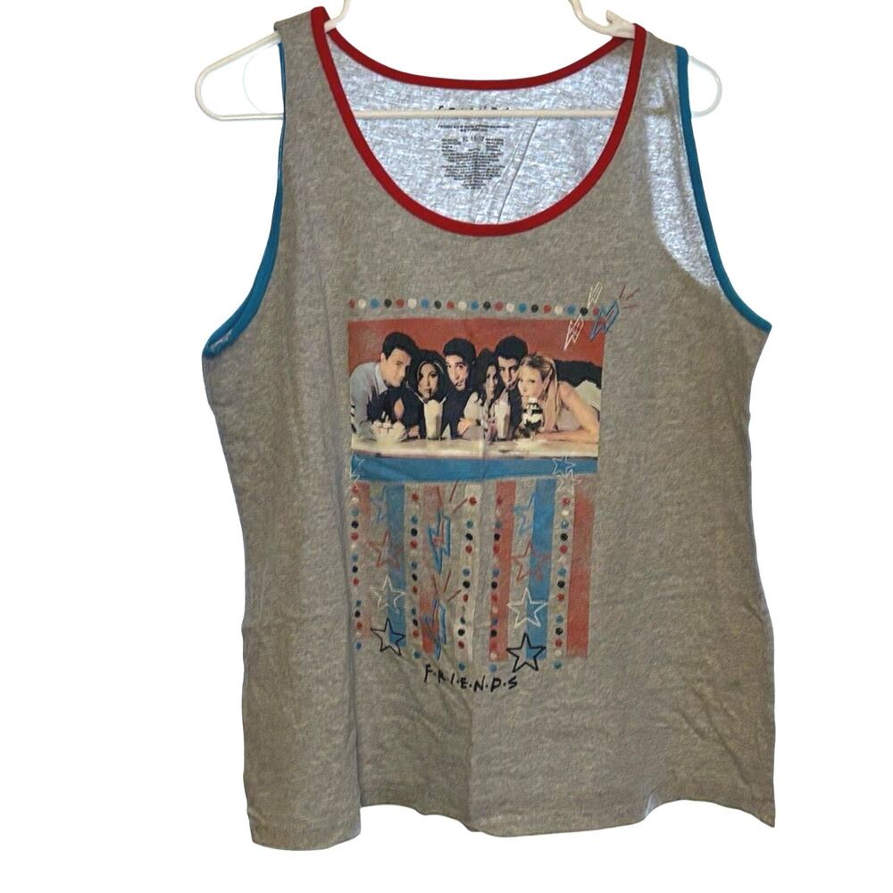 Friends TV Show Graphic Tank Top Gray Red Blue Trim Stars Juniors XL 15/17